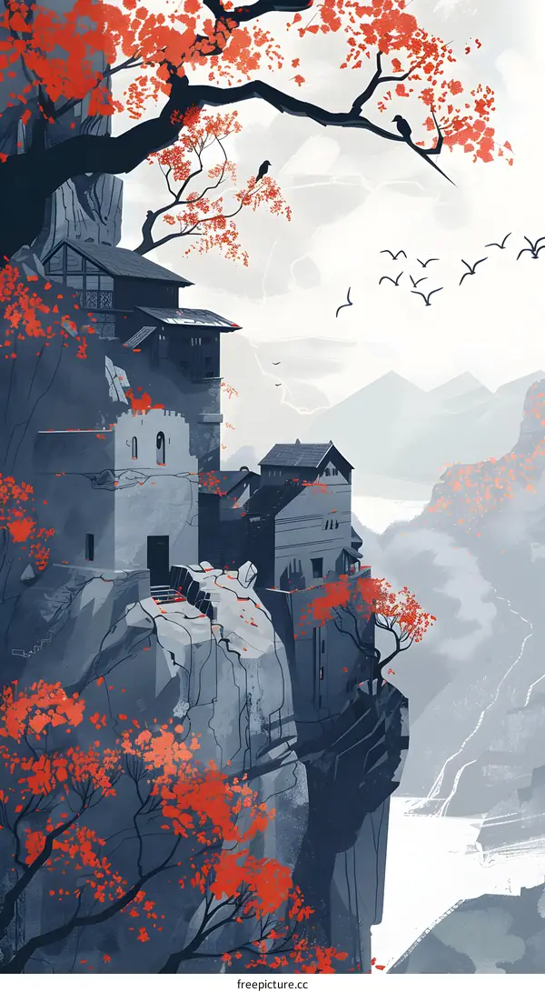 Mountaintop Village with Red Trees Illustration