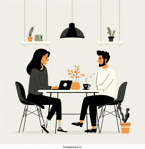 A man and a woman are sitting at a table in a cafe talking