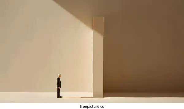 Minimalist Man Standing Before a Tall Wall in a Sunlit Room