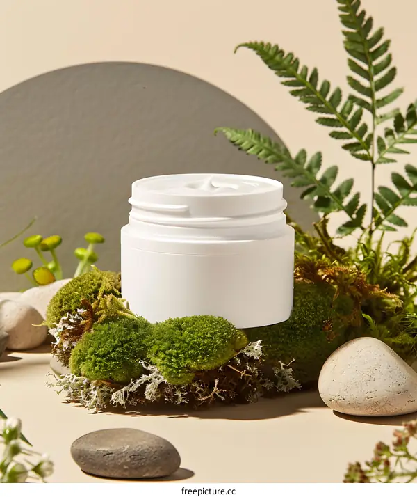 White Cream Jar On Green Moss With Stones