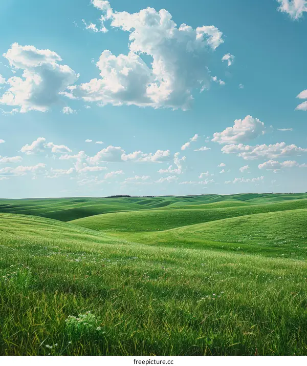 Grasslands undulate under a cerulean sky