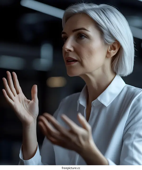 Portrait of a Mature Woman with Short Grey Hair Talking With Her Hands