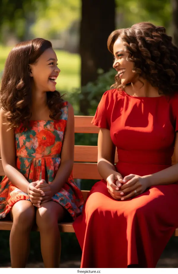 A happy mother and daughter sitting on a park bench