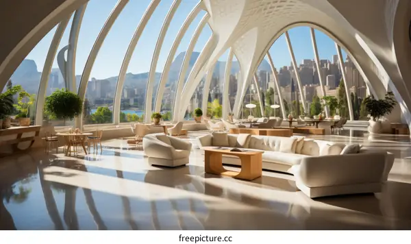 Modern interior space with large windows and curved white walls