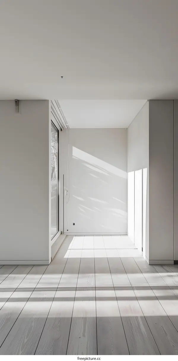 Minimalist White Interior Design with Sun Rays Through the Windows