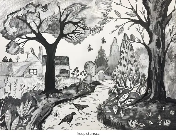 Black and White Pencil Sketch of a Landscape with a Creek, Trees, Birds, and a House