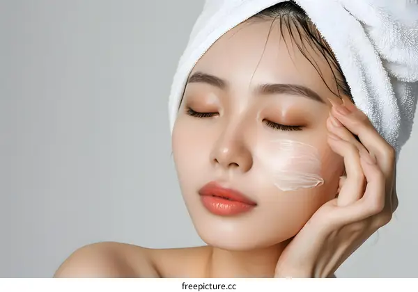 Beautiful Asian Woman Applying Moisturizer to Her Face