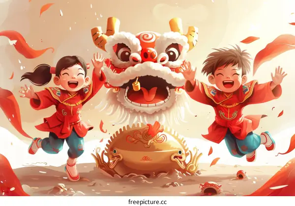 Two happy children celebrating Chinese New Year with a lion dance