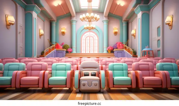 An empty theater with pink and green seats