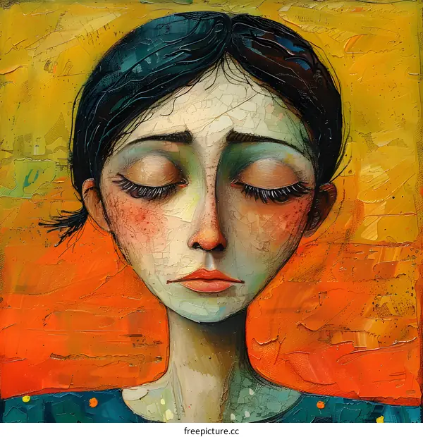 A painting of a girl with her eyes closed