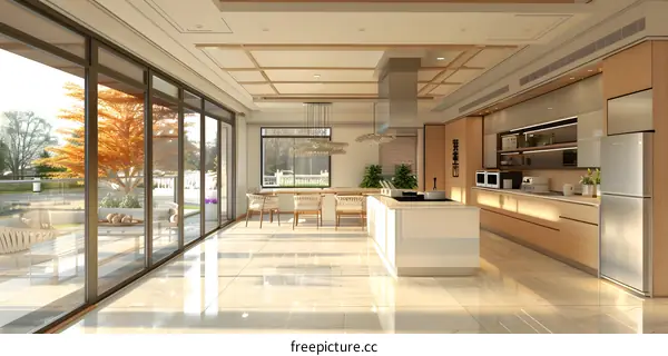 An illustration of a modern kitchen with a large island and a dining table.