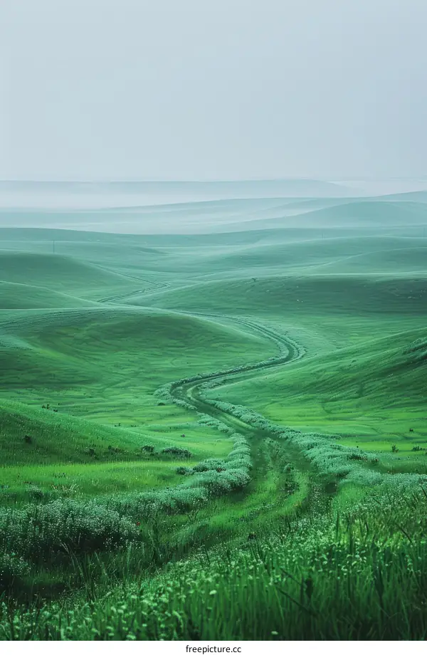 Green rolling hills with a winding road through the valley