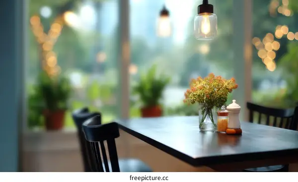 Cafe Interior with Table Decor and Blurred Background