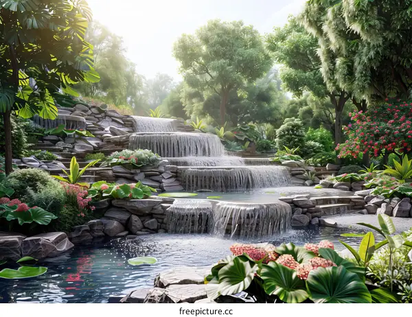 Waterfall in a tropical garden with lush vegetation