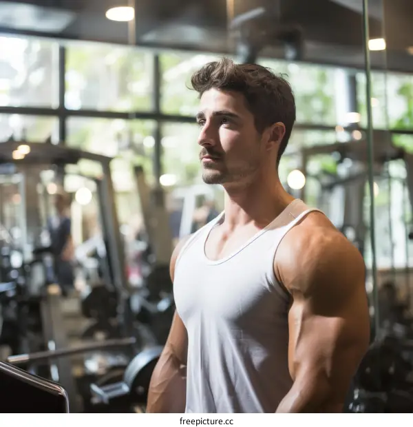 Handsome muscular man in white tank top posing in the gym
