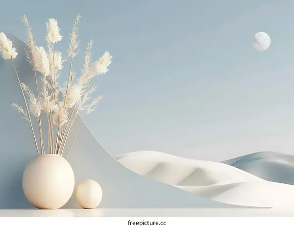 Minimalist 3D Rendered Scene with Pampas Grass and Moon