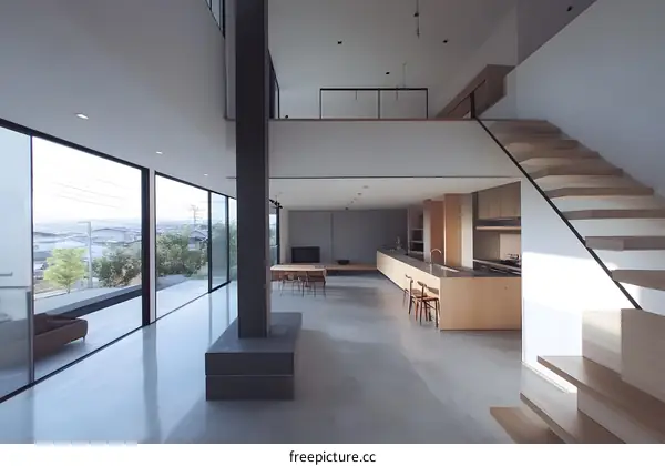 Modern Open Plan Kitchen and Living Room with a Wooden Staircase