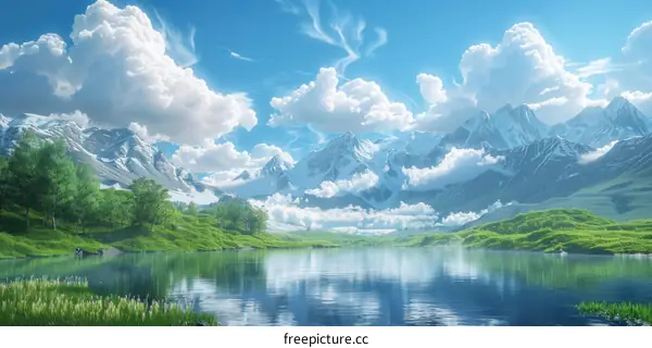 Beautiful Lake and Mountains under the Blue Sky