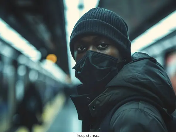 A young man wearing a mask is looking at the camera.