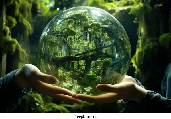 A crystal ball with a miniature forest and a person holding it in their hands