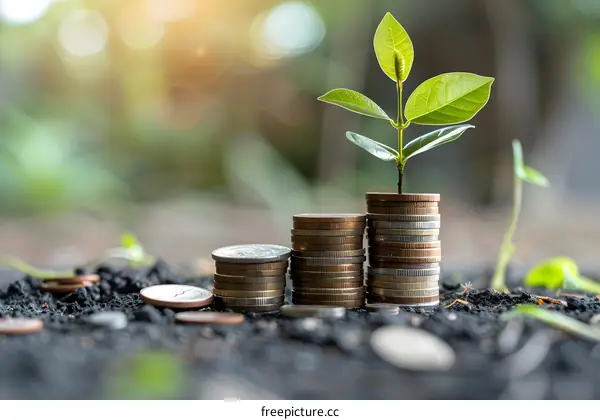 Plant Growing From Coins Stacked On Soil