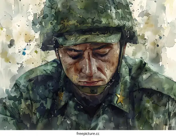 Aquarelle of a young soldier wearing a green military helmet