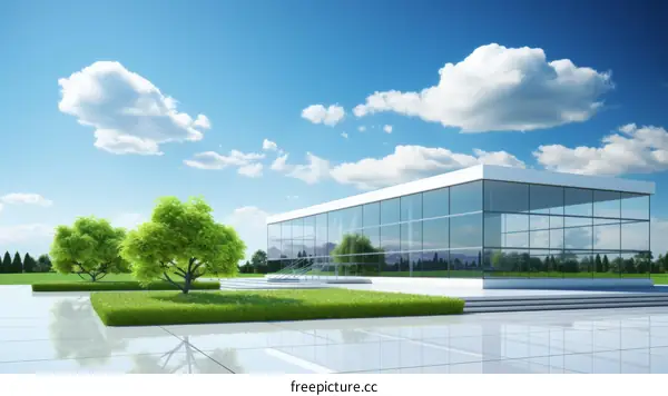 Modern glass and steel office building with green lawn and trees
