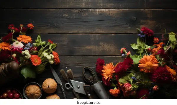 An arrangement of colorful flowers and other objects on a wooden background