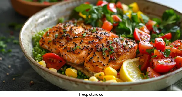 Delicious and healthy salmon fillet with fresh vegetables