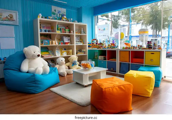 Playroom with Colorful Beanbag Chairs and Toys