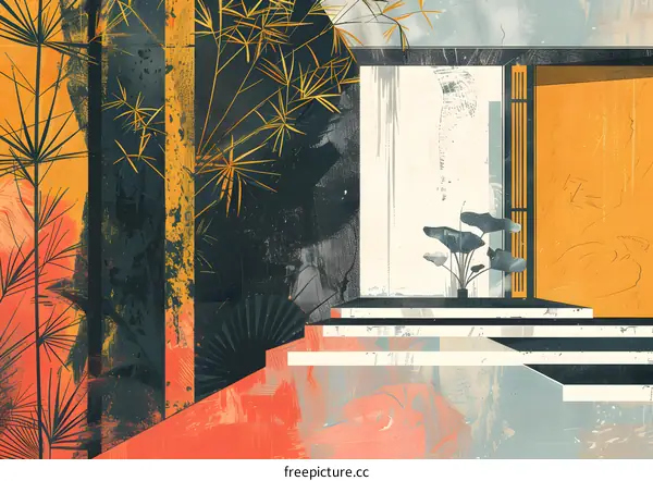 Abstract Minimalist  Illustration of a Modern Building Entrance with Tropical Plants