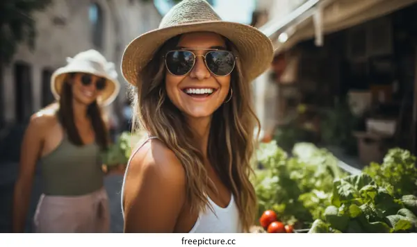 Two young women shopping at a farmer's market