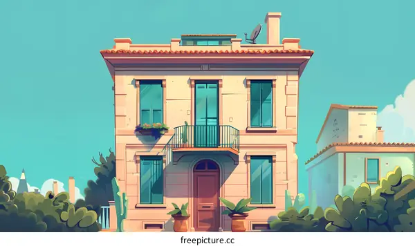 Illustrated House with Balcony and Plants