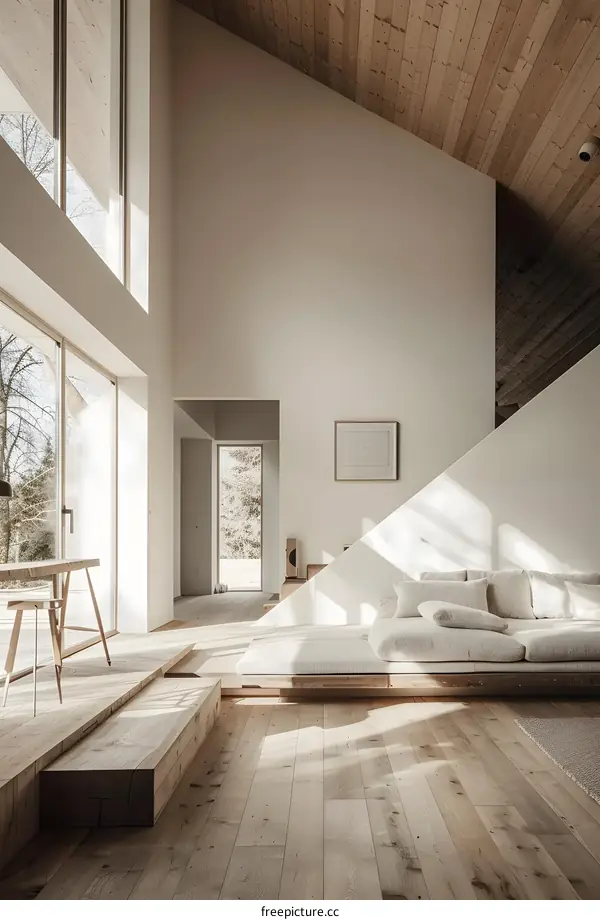Minimalist Living Room with Wooden Ceiling and Large Windows