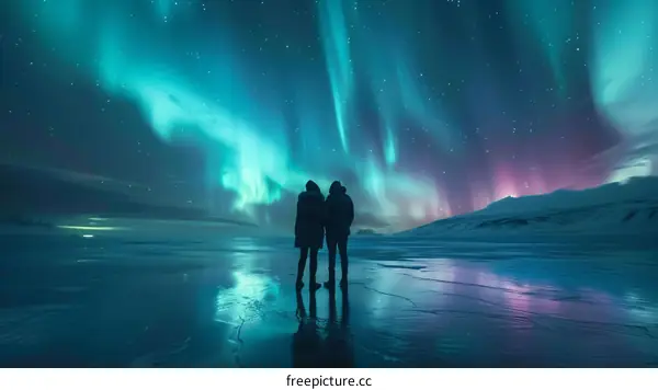 Aurora borealis over frozen lake with couple admiring the night sky