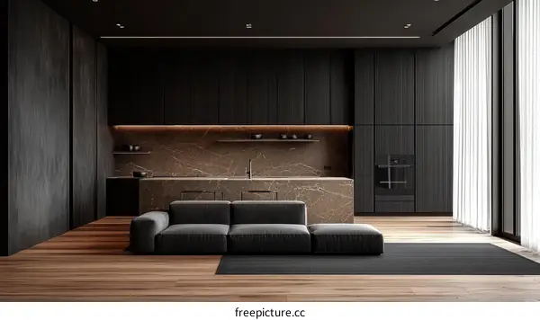 Modern Dark Kitchen Living Area Design