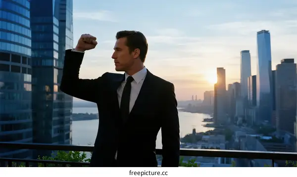 Confident Businessman Raising Fist Against City Skyline at Sunset