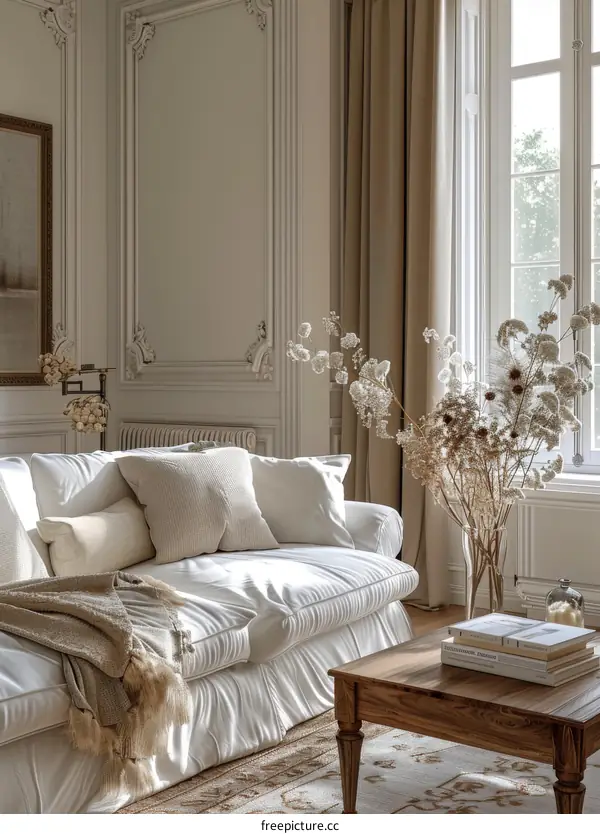 Elegant living room interior with sofa and dried flowers in vase