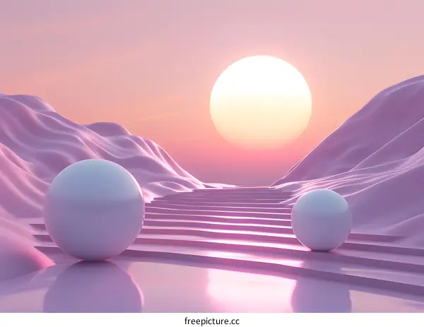 Minimalist 3D Sunset With Sphere And Steps