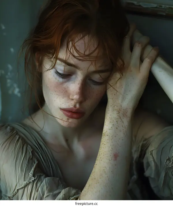 Close Up Portrait Of Woman With Freckles And Red Hair