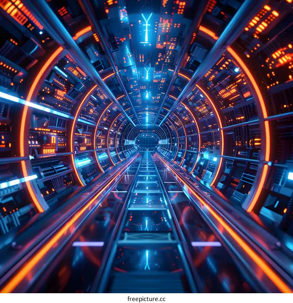 Sci Fi Tunnel Corridor With Blue And Orange Neon Lights