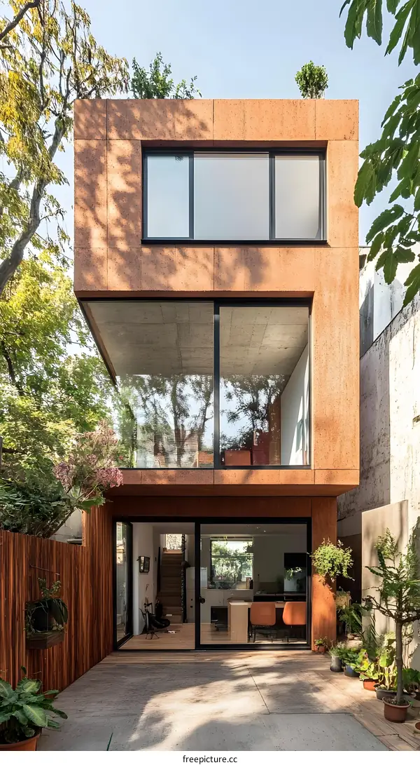Modern Brown Brick House with Large Windows and Wooden Fence