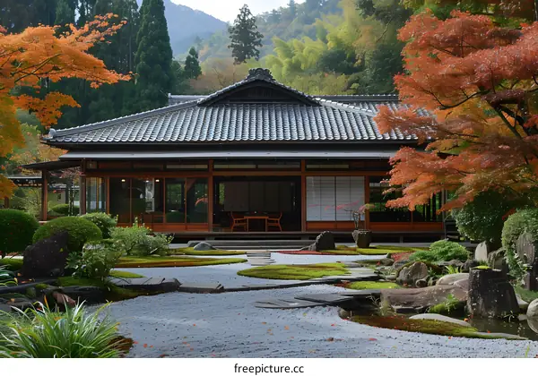 Traditional Japanese House with Autumn Colors