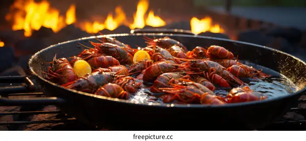 A delicious plate of crayfish is being cooked over a campfire.