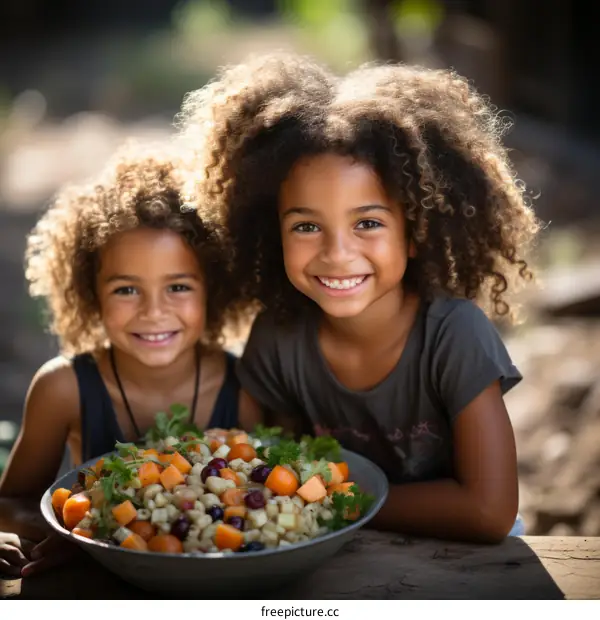 Two happy children with curly hair sitting at a table outside and smiling while holding a bowl of salad