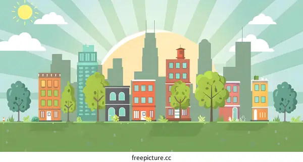 Cartoon City Skyline With Sun And Clouds