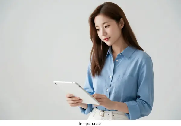 Young woman in blue shirt using digital tablet for work or study