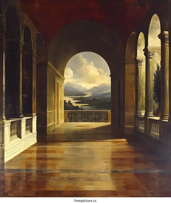 A Painting of an Architectural View from a Balcony