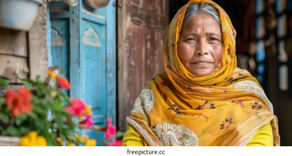 Portrait of an elderly woman in a yellow headscarf
