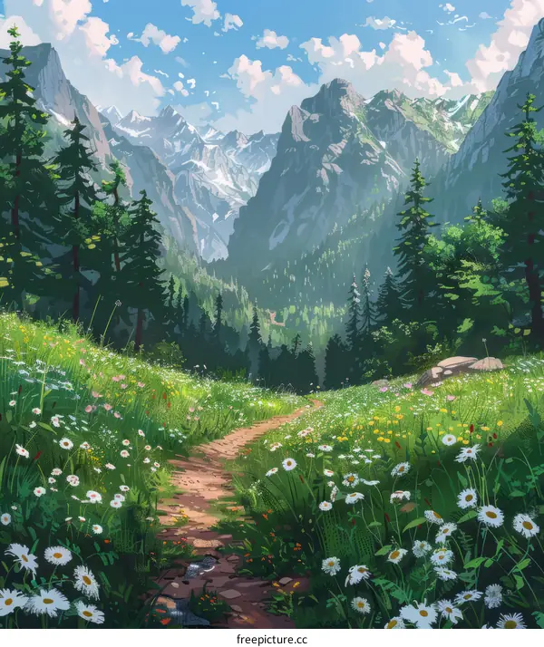 The colorful flowers and green grass of the mountain valley